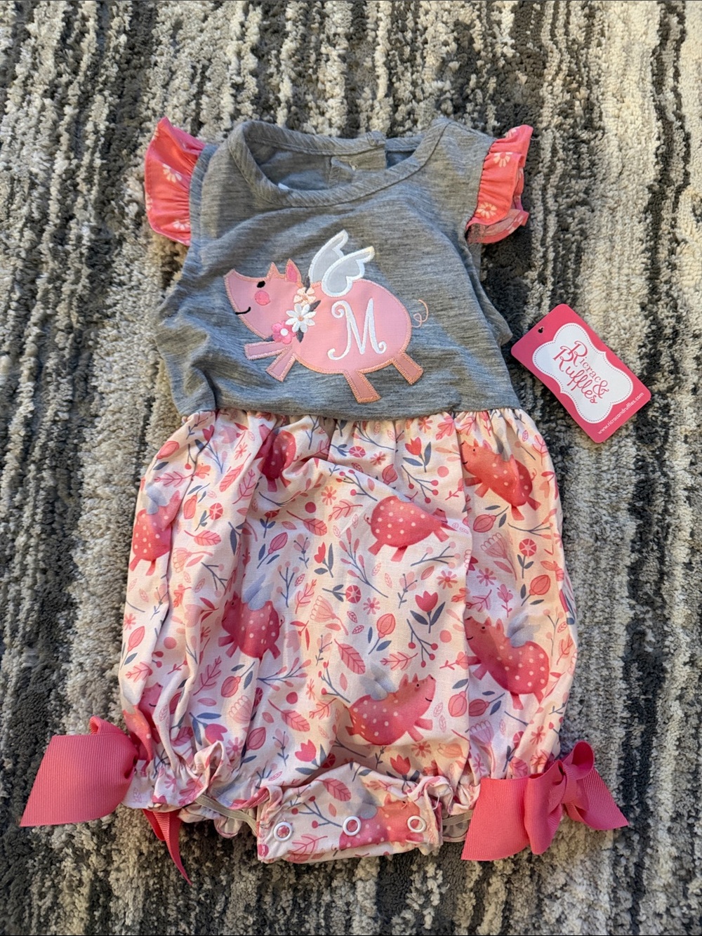 Pink & Gray Piglet Floral Baby Romper by Renee Ruffle